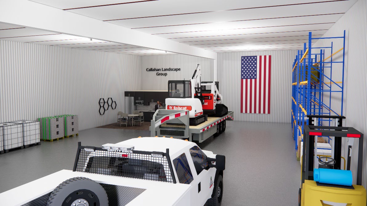 Open floor interior rendering with fleet truck, skid steer and racking