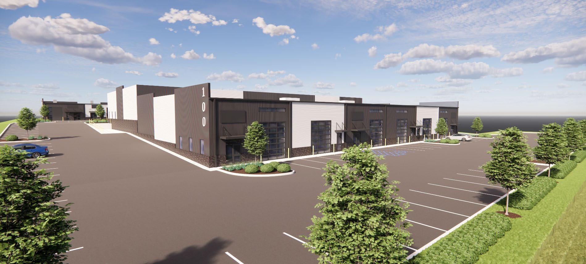 Rendering of Callahan Commerce Center business park exterior with parking lot